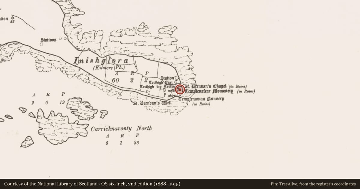 Ordnance Survey six-inch map, 2nd edition (1888–1915) covering the location of Church, Inis Gluaire, County Mayo, with a pin at the register's coordinates