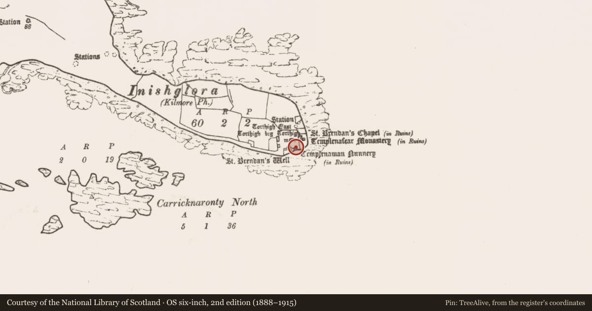 Ordnance Survey six-inch map, 2nd edition (1888–1915) covering the location of Church, Inis Gluaire, County Mayo, with a pin at the register's coordinates