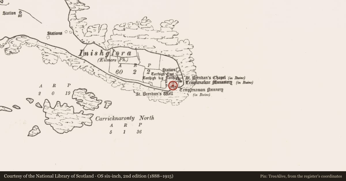 Ordnance Survey six-inch map, 2nd edition (1888–1915) covering the location of Ritual site - holy well, Inis Gluaire, County Mayo, with a pin at the register's coordinates