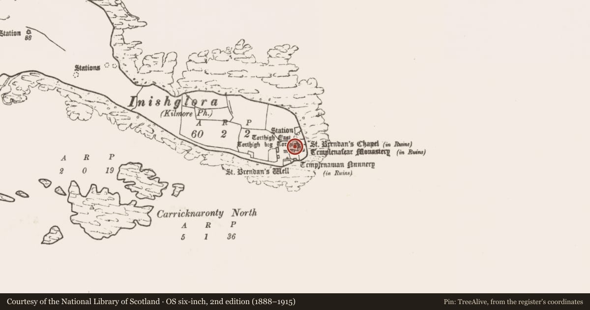 Ordnance Survey six-inch map, 2nd edition (1888–1915) covering the location of Penitential station, Inis Gluaire, County Mayo, with a pin at the register's coordinates