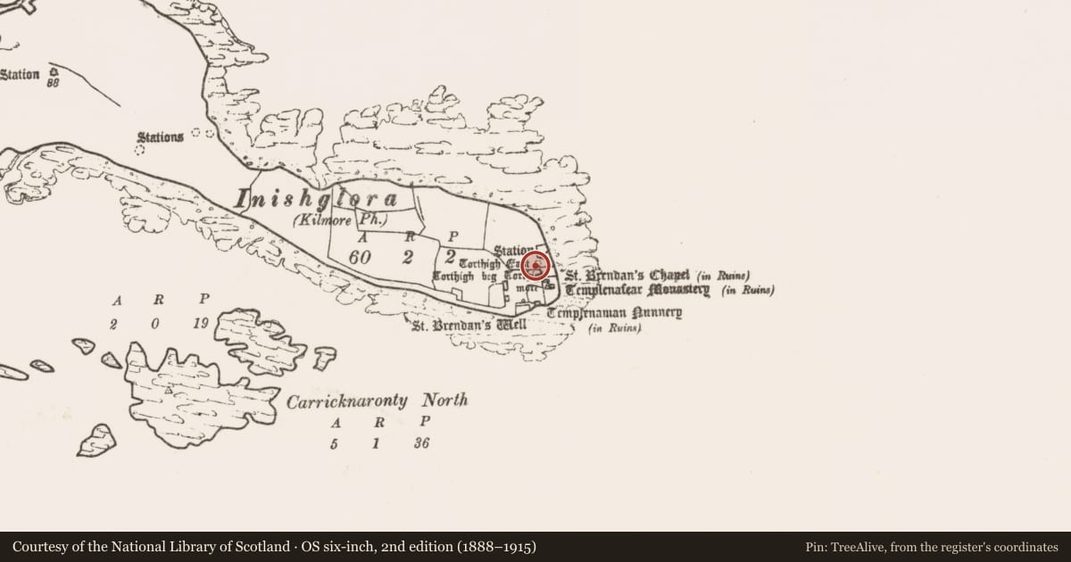 Ordnance Survey six-inch map, 2nd edition (1888–1915) covering the location of Penitential station, Inis Gluaire, County Mayo, with a pin at the register's coordinates