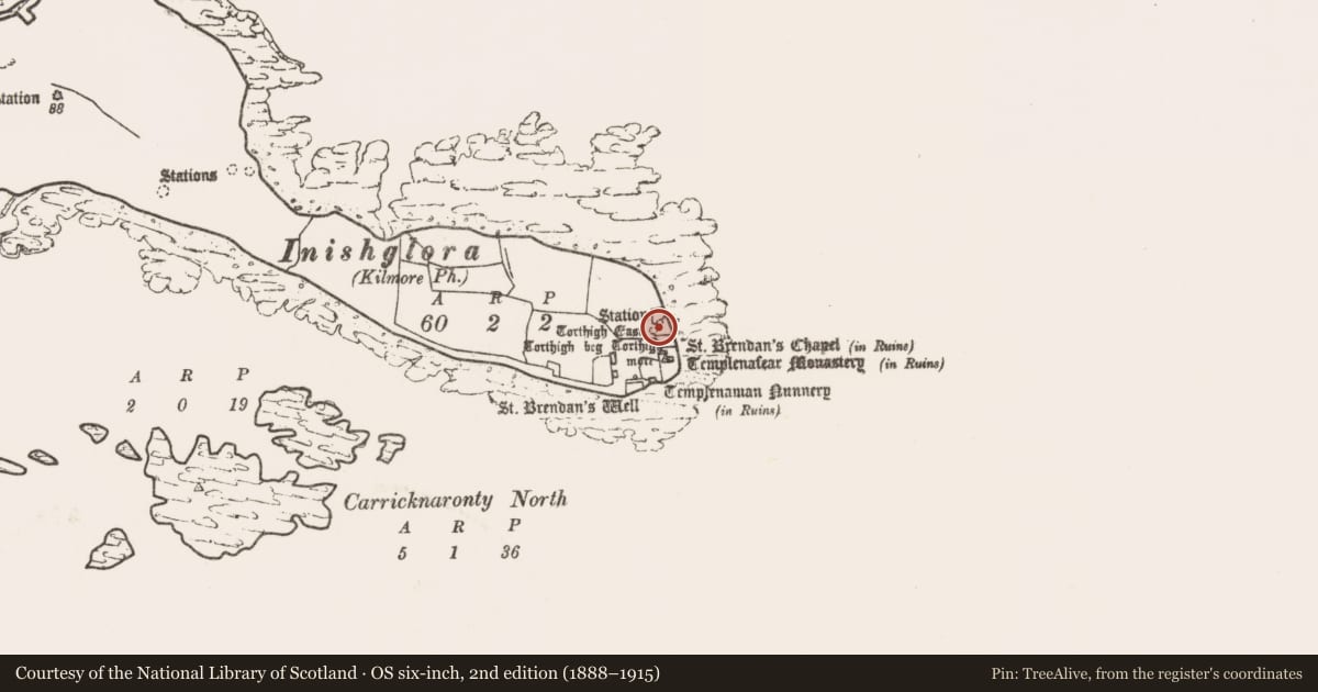 Ordnance Survey six-inch map, 2nd edition (1888–1915) covering the location of Penitential station, Inis Gluaire, County Mayo, with a pin at the register's coordinates