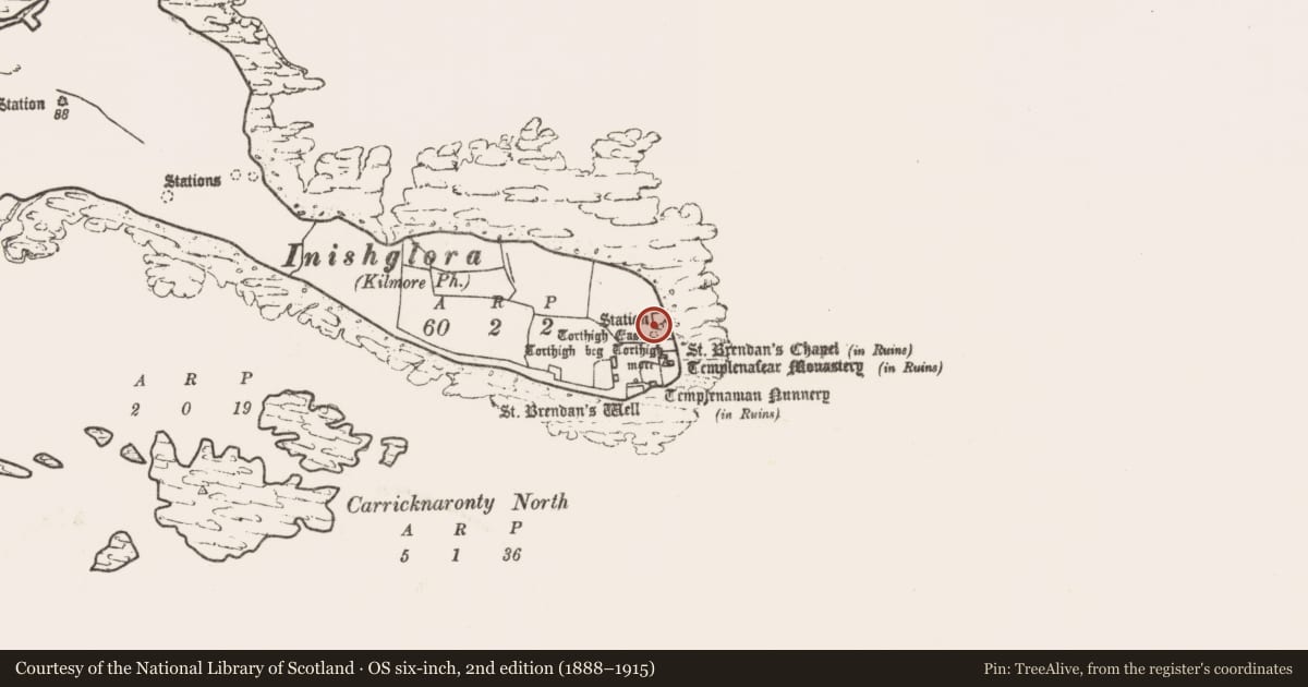 Ordnance Survey six-inch map, 2nd edition (1888–1915) covering the location of Enclosure, Inis Gluaire, County Mayo, with a pin at the register's coordinates