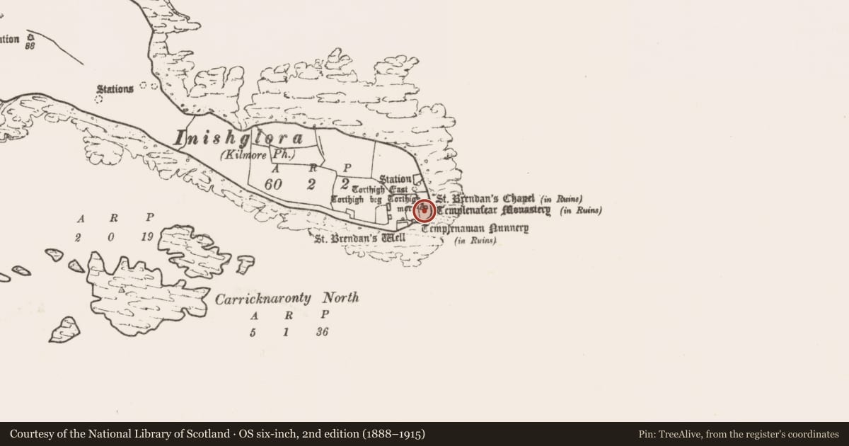 Ordnance Survey six-inch map, 2nd edition (1888–1915) covering the location of Graveyard, Inis Gluaire, County Mayo, with a pin at the register's coordinates