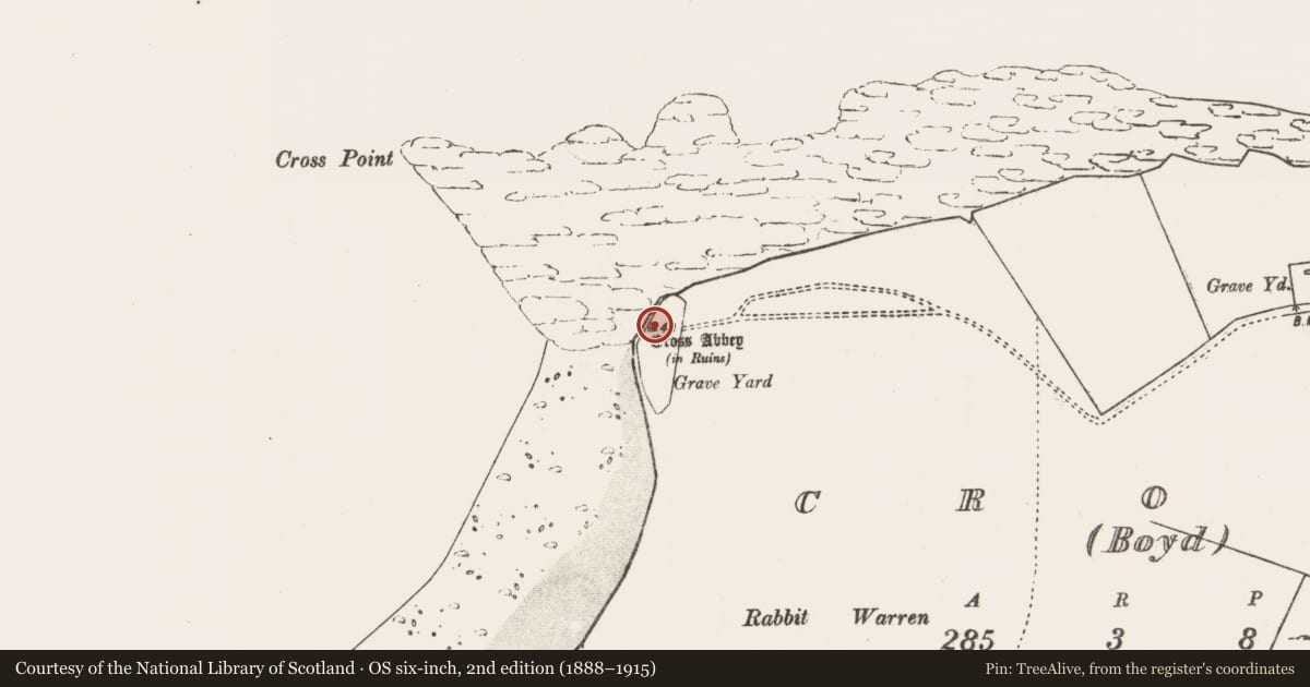 Ordnance Survey six-inch map, 2nd edition (1888–1915) covering the location of Religious house - Augustinian canons, An Chrois, County Mayo, with a pin at the register's coordinates