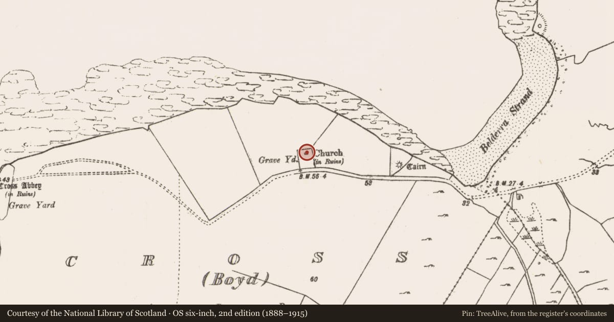Ordnance Survey six-inch map, 2nd edition (1888–1915) covering the location of Church, An Chrois, County Mayo, with a pin at the register's coordinates
