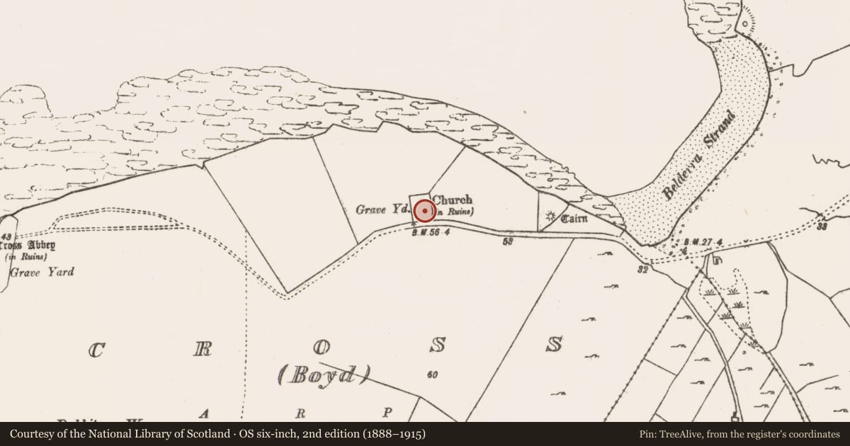 Ordnance Survey six-inch map, 2nd edition (1888–1915) covering the location of Graveyard, An Chrois, County Mayo, with a pin at the register's coordinates