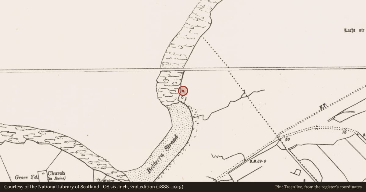 Ordnance Survey six-inch map, 2nd edition (1888–1915) covering the location of Hut site, Baile Mhic Shéathrúin, County Mayo, with a pin at the register's coordinates