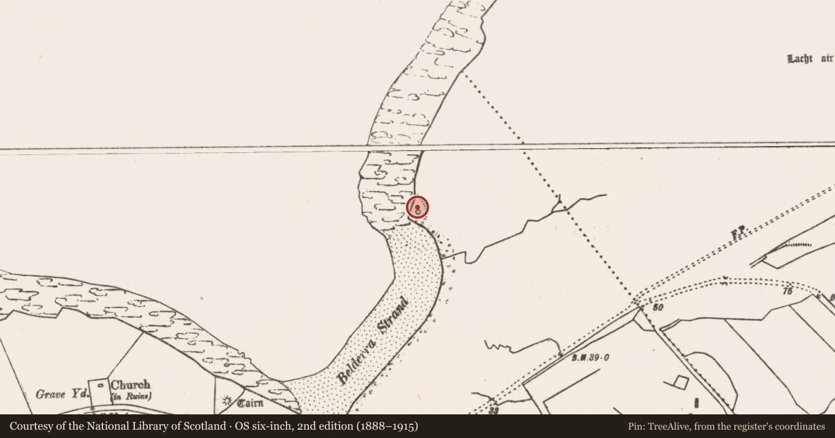 Ordnance Survey six-inch map, 2nd edition (1888–1915) covering the location of Hut site, Baile Mhic Shéathrúin, County Mayo, with a pin at the register's coordinates