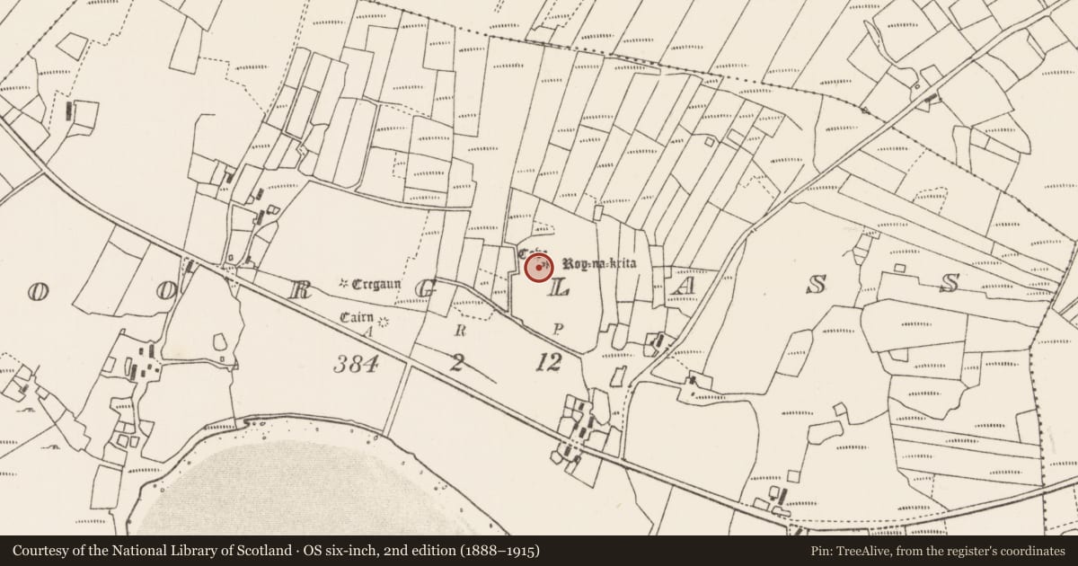 Ordnance Survey six-inch map, 2nd edition (1888–1915) covering the location of Enclosure, An Tuar Glas, County Mayo, with a pin at the register's coordinates