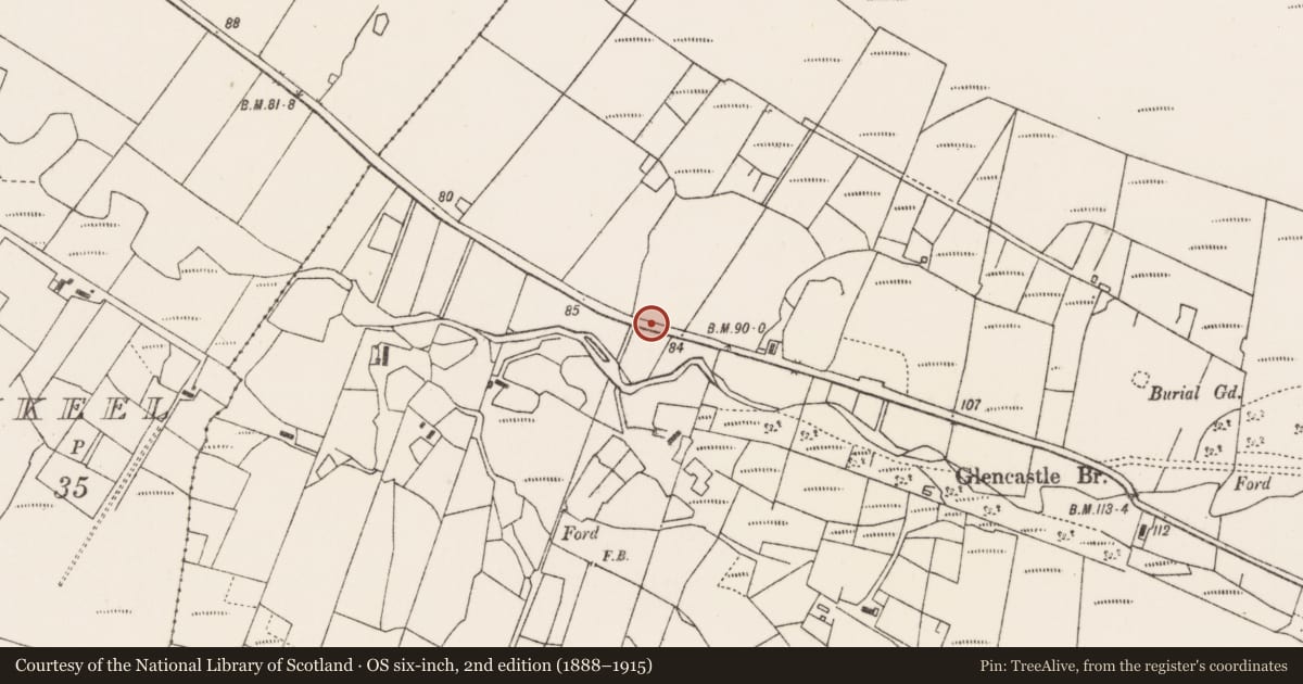 Ordnance Survey six-inch map, 2nd edition (1888–1915) covering the location of Cross-inscribed stone, Gleann Chaisil, County Mayo, with a pin at the register's coordinates