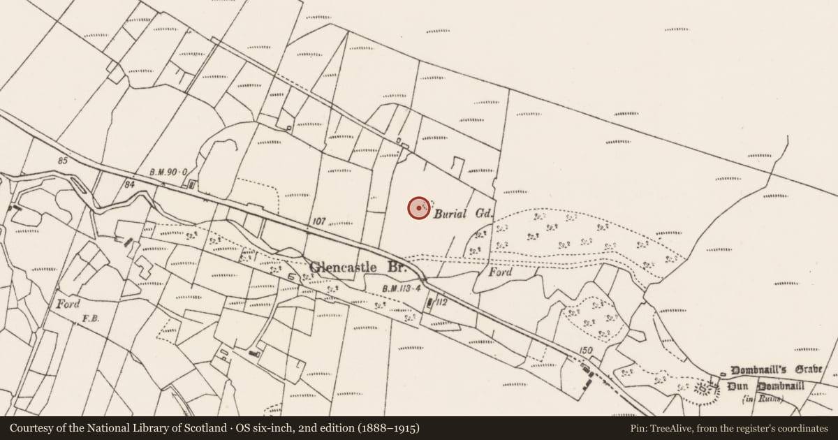 Ordnance Survey six-inch map, 2nd edition (1888–1915) covering the location of Children's burial ground, Gleann Chaisil, County Mayo, with a pin at the register's coordinates