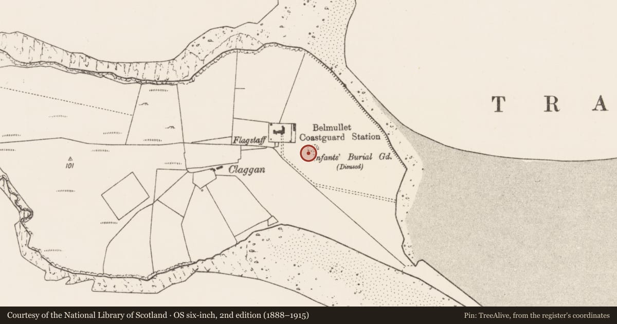 Ordnance Survey six-inch map, 2nd edition (1888–1915) covering the location of Children's burial ground, An Tsraith, County Mayo, with a pin at the register's coordinates