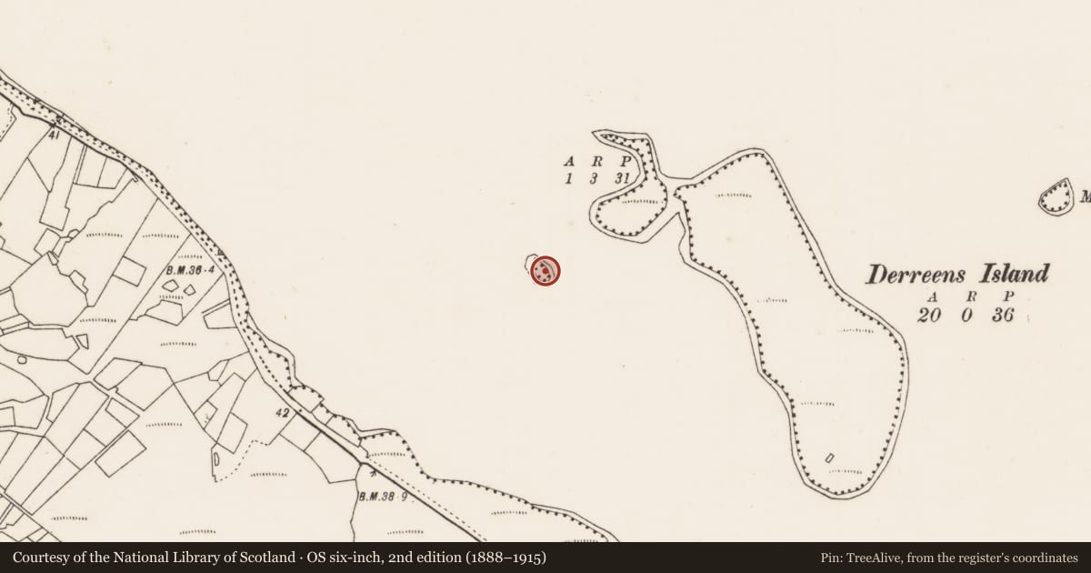 Ordnance Survey six-inch map, 2nd edition (1888–1915) covering the location of Crannog, Carrowmore Lake, County Mayo, with a pin at the register's coordinates