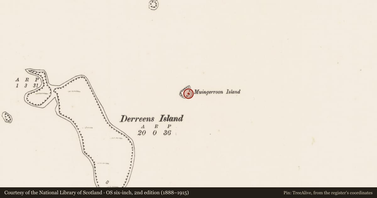 Ordnance Survey six-inch map, 2nd edition (1888–1915) covering the location of Crannog, Carrowmore Lake, County Mayo, with a pin at the register's coordinates