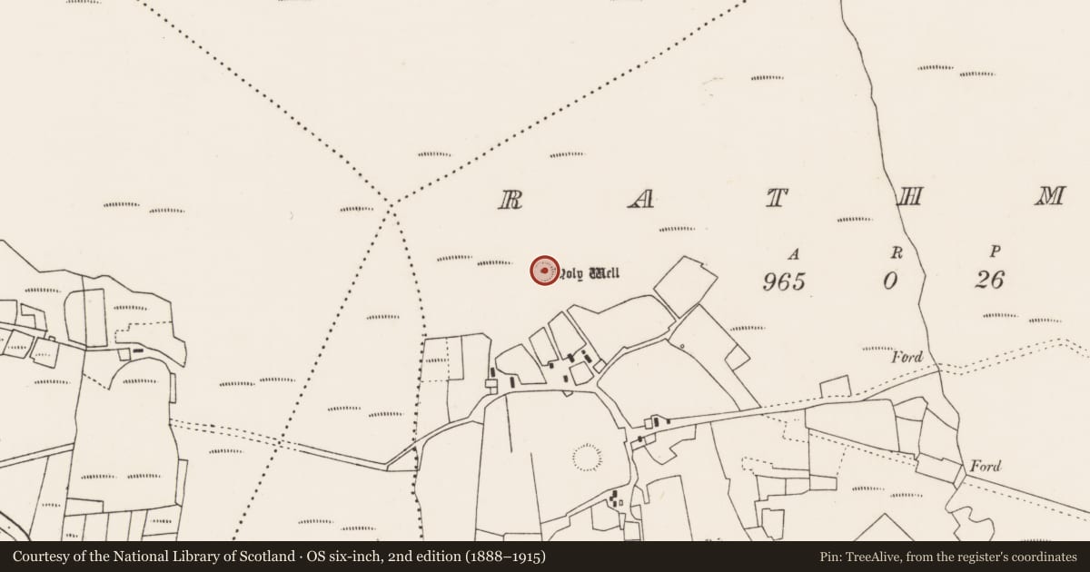 Ordnance Survey six-inch map, 2nd edition (1888–1915) covering the location of Ritual site - holy well, Ráth Muireagáin, County Mayo, with a pin at the register's coordinates
