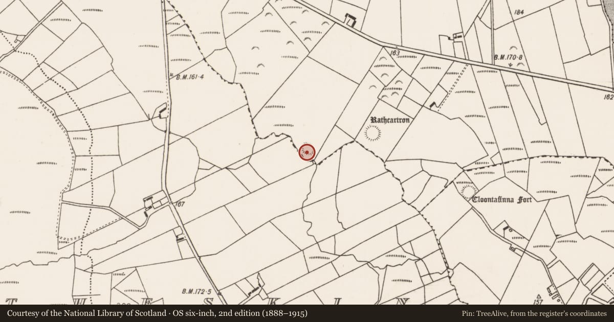 Ordnance Survey six-inch map, 2nd edition (1888–1915) covering the location of Ringfort - rath, Creevagh More, County Mayo, with a pin at the register's coordinates