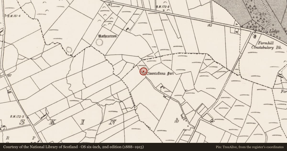 Ordnance Survey six-inch map, 2nd edition (1888–1915) covering the location of Ringfort - rath, Belladooan, County Mayo, with a pin at the register's coordinates
