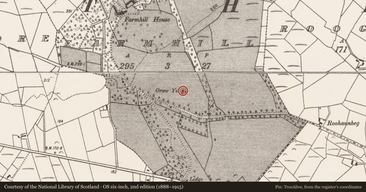 Ordnance Survey six-inch map, 2nd edition (1888–1915) covering the location of Enclosure, Farmhill, County Mayo, with a pin at the register's coordinates