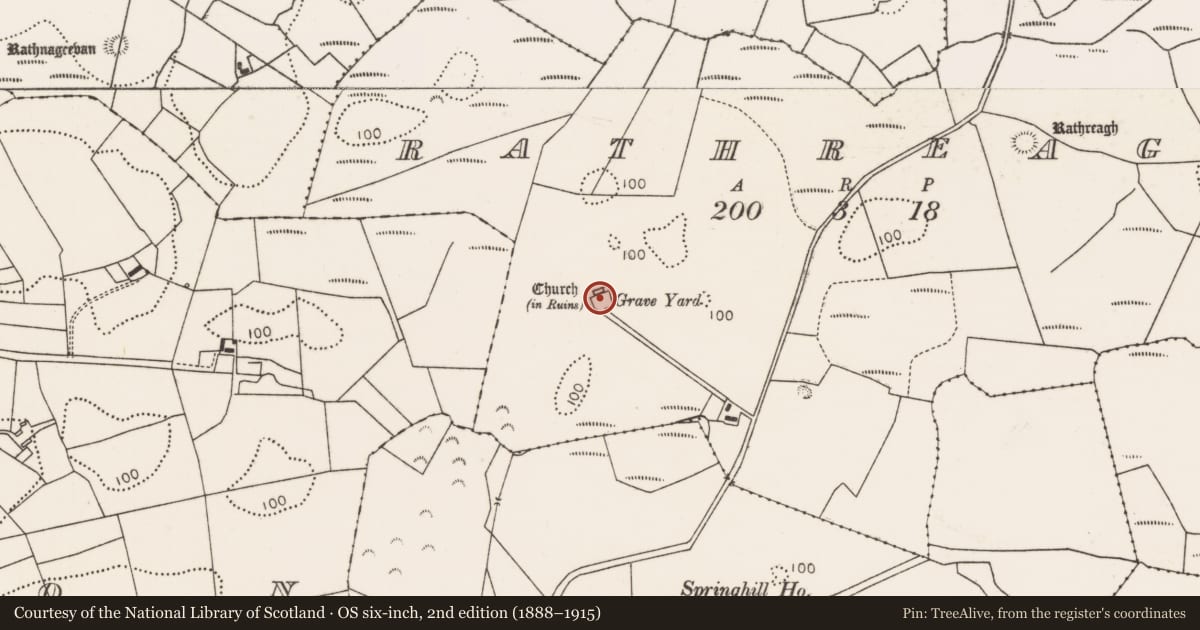 Ordnance Survey six-inch map, 2nd edition (1888–1915) covering the location of Graveyard, Rathreagh, County Mayo, with a pin at the register's coordinates