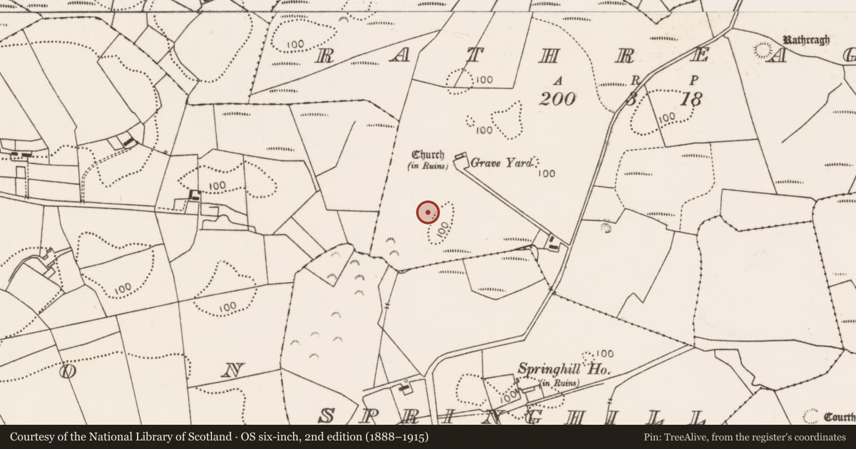 Ordnance Survey six-inch map, 2nd edition (1888–1915) covering the location of Mound, Rathreagh, County Mayo, with a pin at the register's coordinates