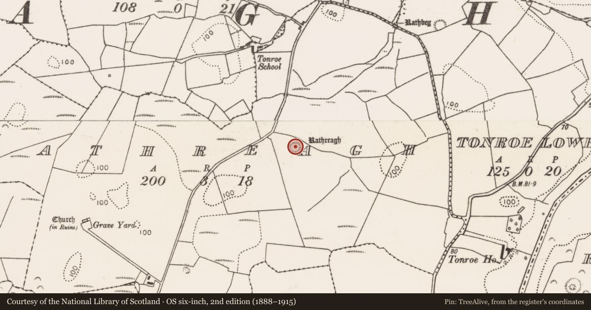 Ordnance Survey six-inch map, 2nd edition (1888–1915) covering the location of Ringfort - rath, Rathreagh, County Mayo, with a pin at the register's coordinates