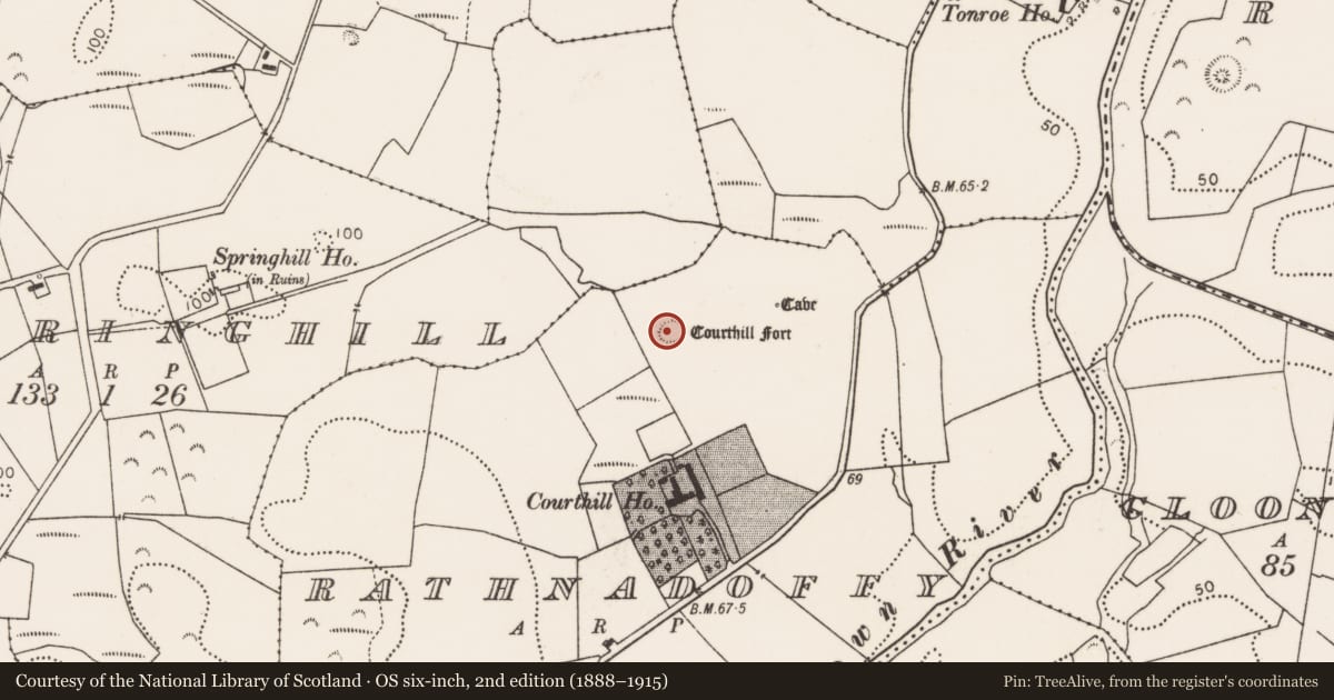 Ordnance Survey six-inch map, 2nd edition (1888–1915) covering the location of Ringfort - rath, Rathnadoffy, County Mayo, with a pin at the register's coordinates