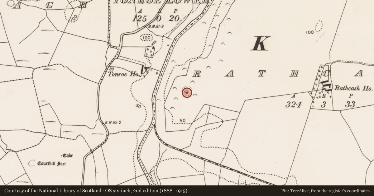 Ordnance Survey six-inch map, 2nd edition (1888–1915) covering the location of Castle - motte, Rathcash, County Mayo, with a pin at the register's coordinates