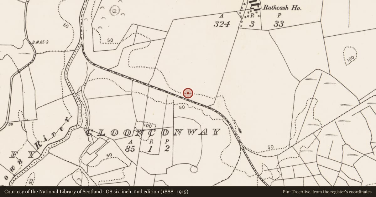 Ordnance Survey six-inch map, 2nd edition (1888–1915) covering the location of Enclosure, Rathcash, County Mayo, with a pin at the register's coordinates