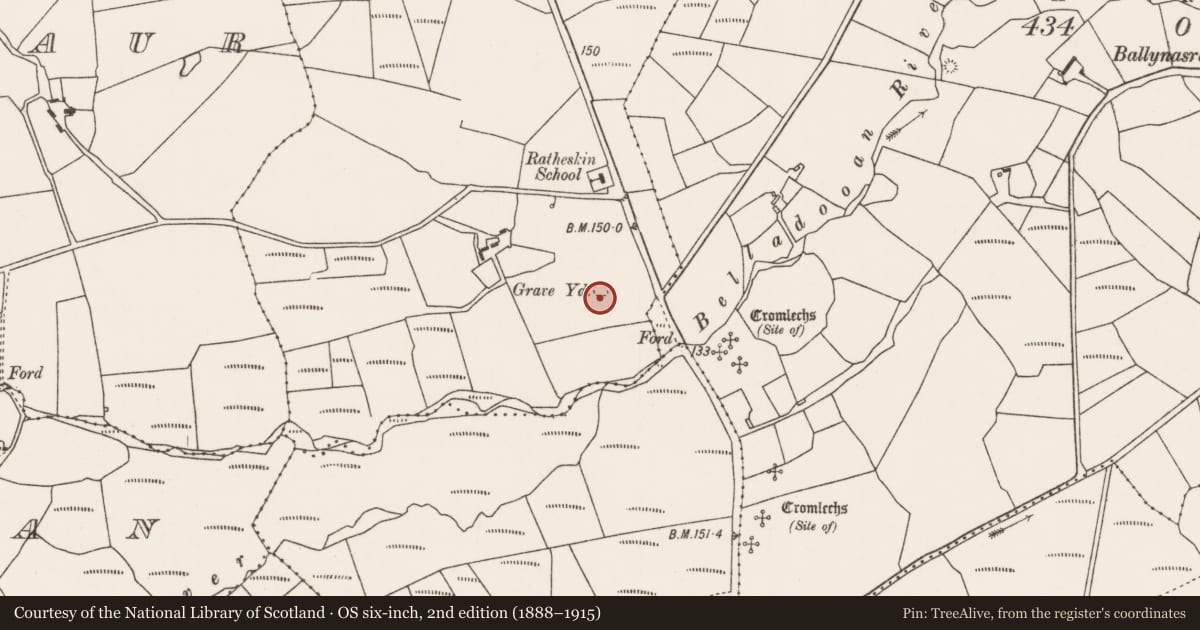 Ordnance Survey six-inch map, 2nd edition (1888–1915) covering the location of Children's burial ground, Ratheskin, County Mayo, with a pin at the register's coordinates