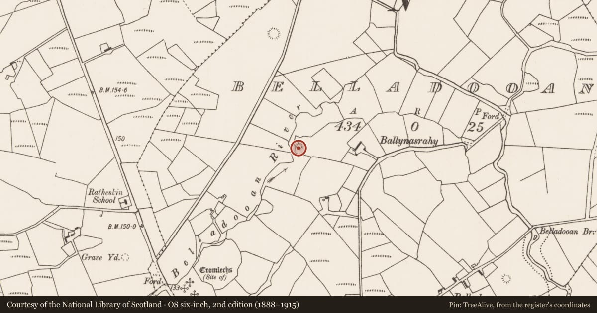 Ordnance Survey six-inch map, 2nd edition (1888–1915) covering the location of Enclosure, Belladooan, County Mayo, with a pin at the register's coordinates