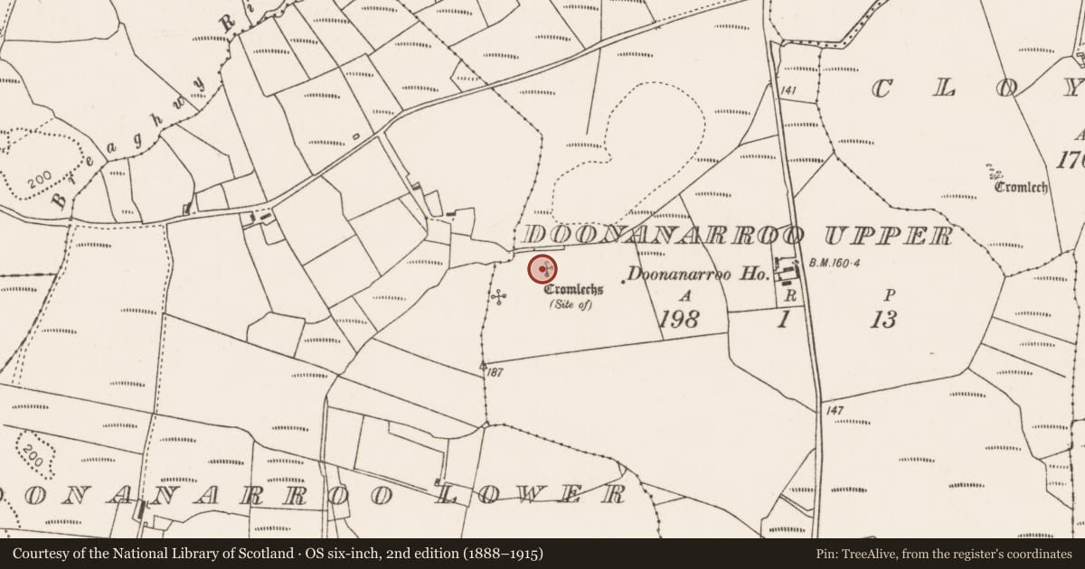 Ordnance Survey six-inch map, 2nd edition (1888–1915) covering the location of Megalithic tomb - unclassified, Doonanarroo Upper, County Mayo, with a pin at the register's coordinates