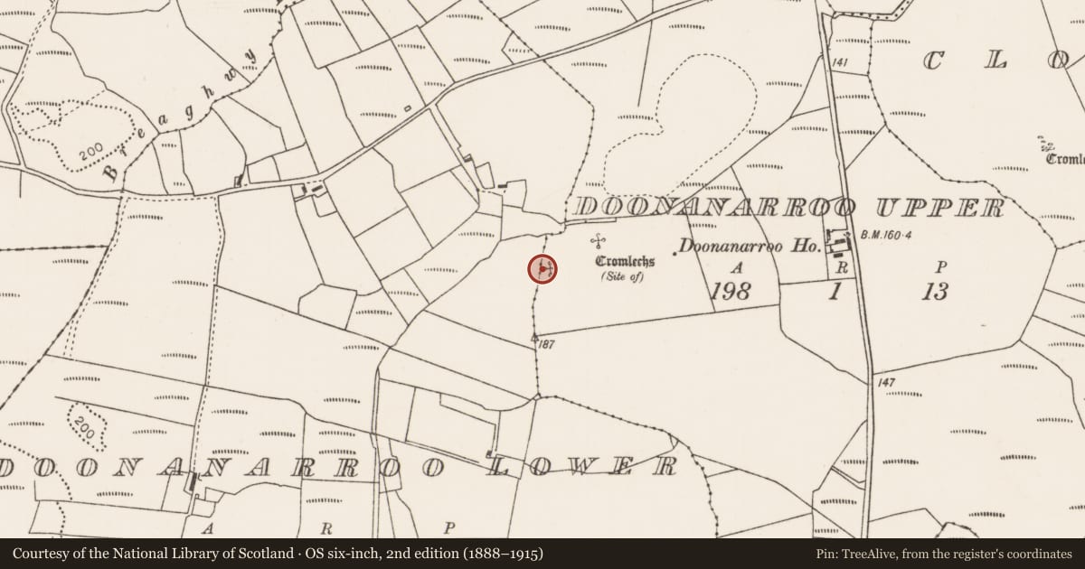 Ordnance Survey six-inch map, 2nd edition (1888–1915) covering the location of Megalithic tomb - unclassified, Doonanarroo Upper, County Mayo, with a pin at the register's coordinates