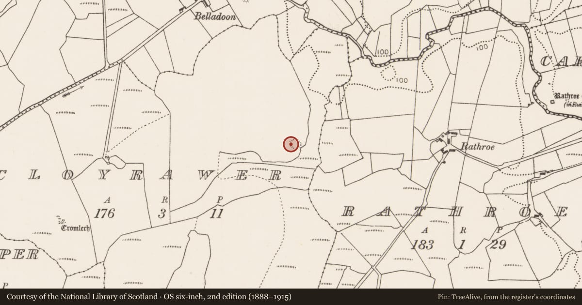 Ordnance Survey six-inch map, 2nd edition (1888–1915) covering the location of Ringfort - rath, Cloyrawer, County Mayo, with a pin at the register's coordinates