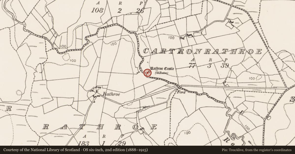 Ordnance Survey six-inch map, 2nd edition (1888–1915) covering the location of Castle - tower house, Cartronrathroe, County Mayo, with a pin at the register's coordinates