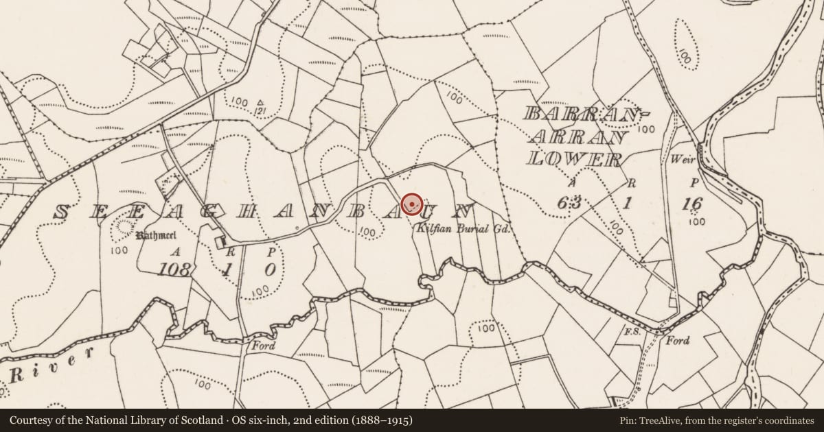 Ordnance Survey six-inch map, 2nd edition (1888–1915) covering the location of Graveyard, Seeaghanbaun, County Mayo, with a pin at the register's coordinates