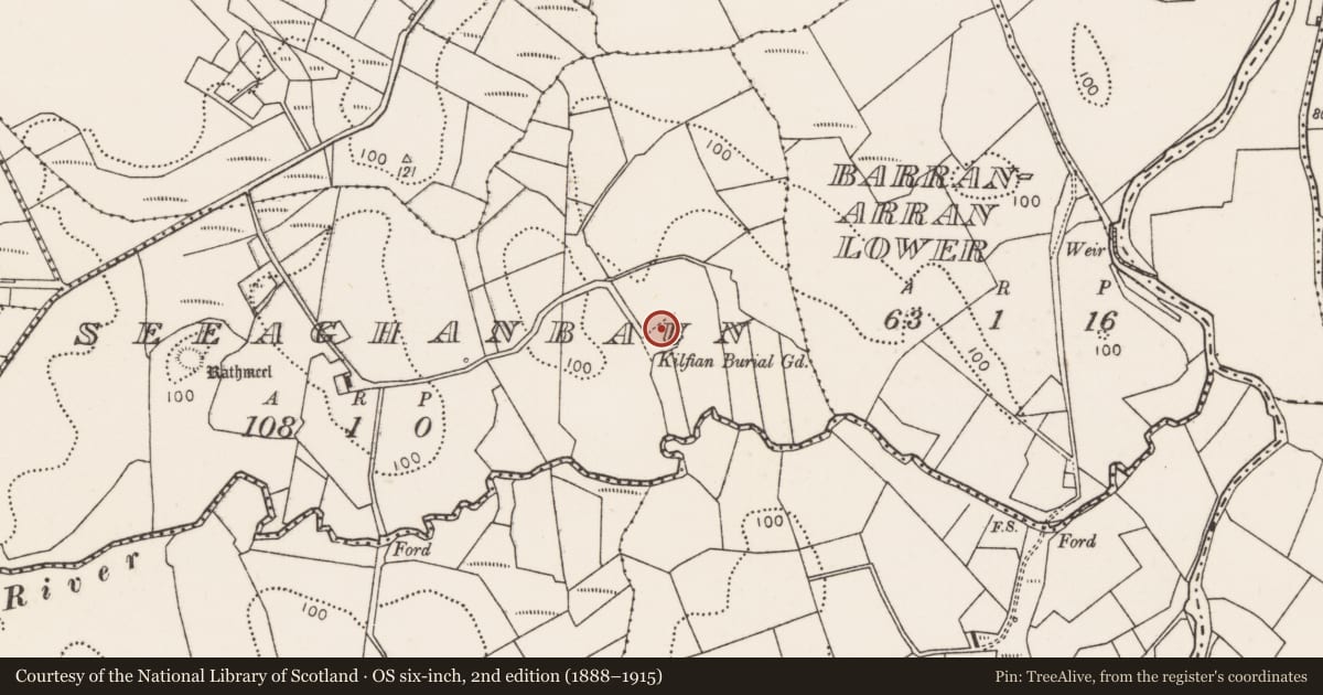 Ordnance Survey six-inch map, 2nd edition (1888–1915) covering the location of Cross-slab, Seeaghanbaun, County Mayo, with a pin at the register's coordinates