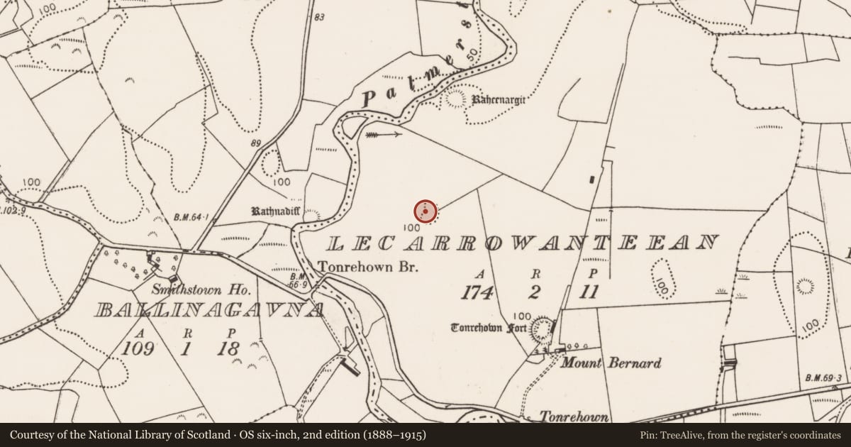 Ordnance Survey six-inch map, 2nd edition (1888–1915) covering the location of Mound, Lecarrowanteean, County Mayo, with a pin at the register's coordinates