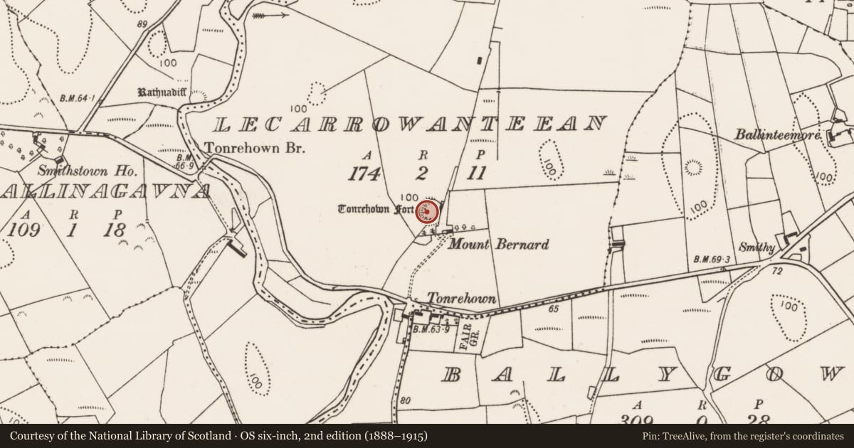 Ordnance Survey six-inch map, 2nd edition (1888–1915) covering the location of Ringfort - rath, Lecarrowanteean, County Mayo, with a pin at the register's coordinates