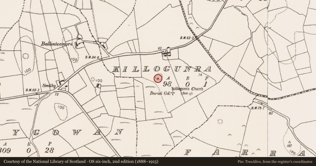 Ordnance Survey six-inch map, 2nd edition (1888–1915) covering the location of Ringfort - rath, Killogunra, County Mayo, with a pin at the register's coordinates