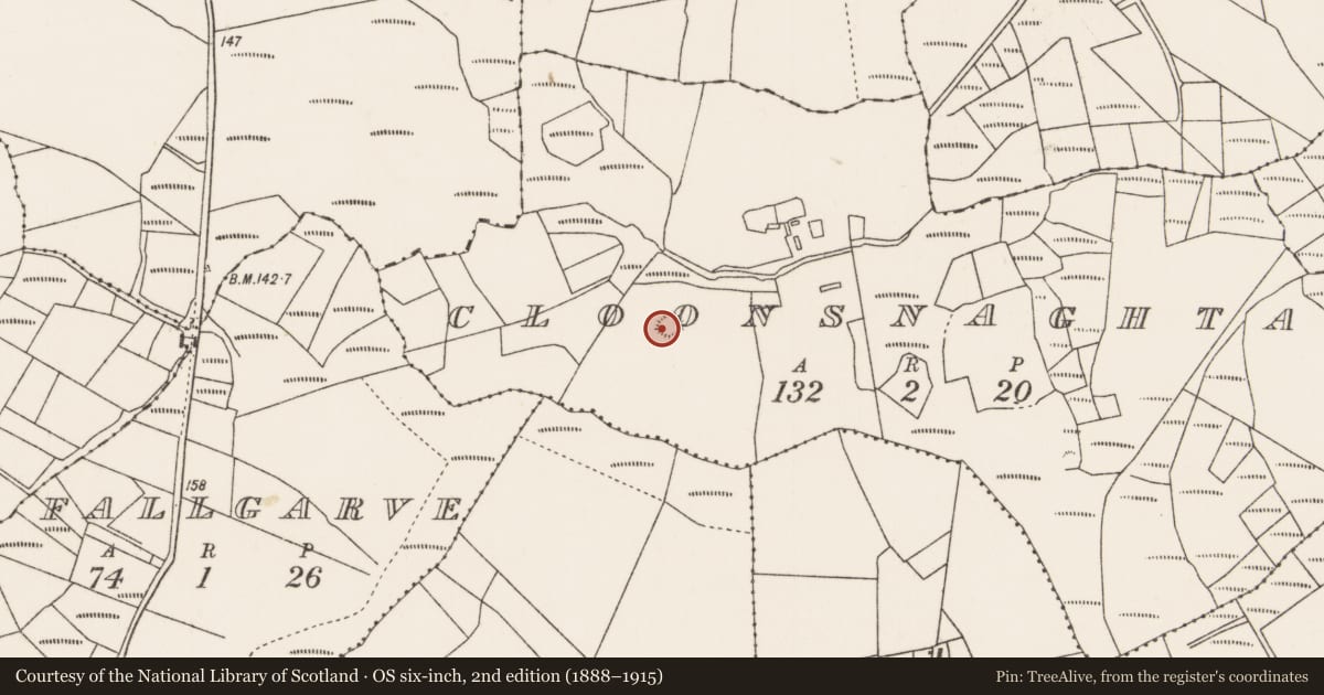 Ordnance Survey six-inch map, 2nd edition (1888–1915) covering the location of Ringfort - rath, Cloonsnaghta, County Mayo, with a pin at the register's coordinates