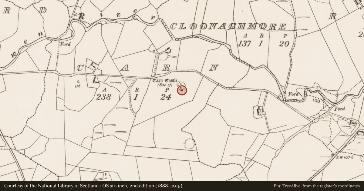 Ordnance Survey six-inch map, 2nd edition (1888–1915) covering the location of Building, Carn (Tirawley By., Moygawnagh. Par.), County Mayo, with a pin at the register's coordinates