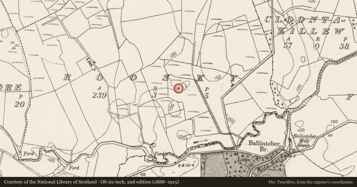 Ordnance Survey six-inch map, 2nd edition (1888–1915) covering the location of Enclosure, Roosky, County Mayo, with a pin at the register's coordinates