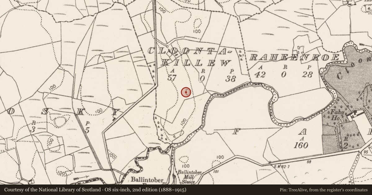 Ordnance Survey six-inch map, 2nd edition (1888–1915) covering the location of Enclosure, Cloontakillew, County Mayo, with a pin at the register's coordinates