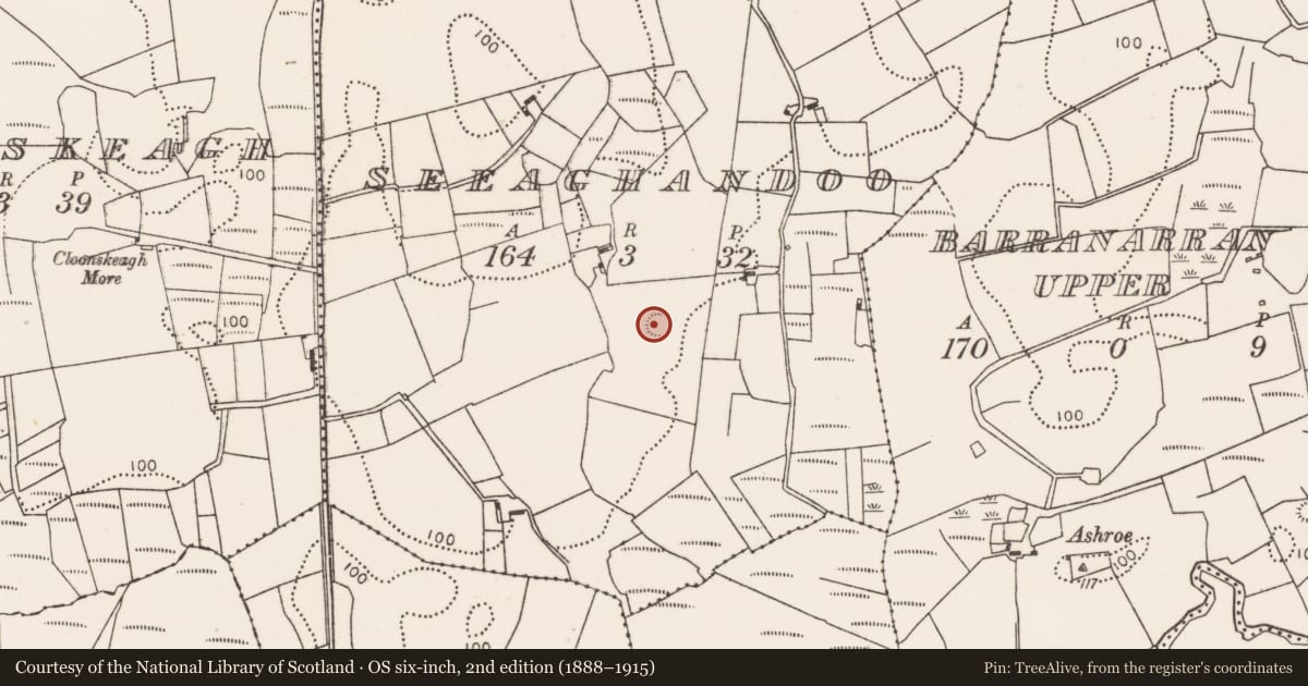 Ordnance Survey six-inch map, 2nd edition (1888–1915) covering the location of Ringfort - rath, Seeaghandoo, County Mayo, with a pin at the register's coordinates