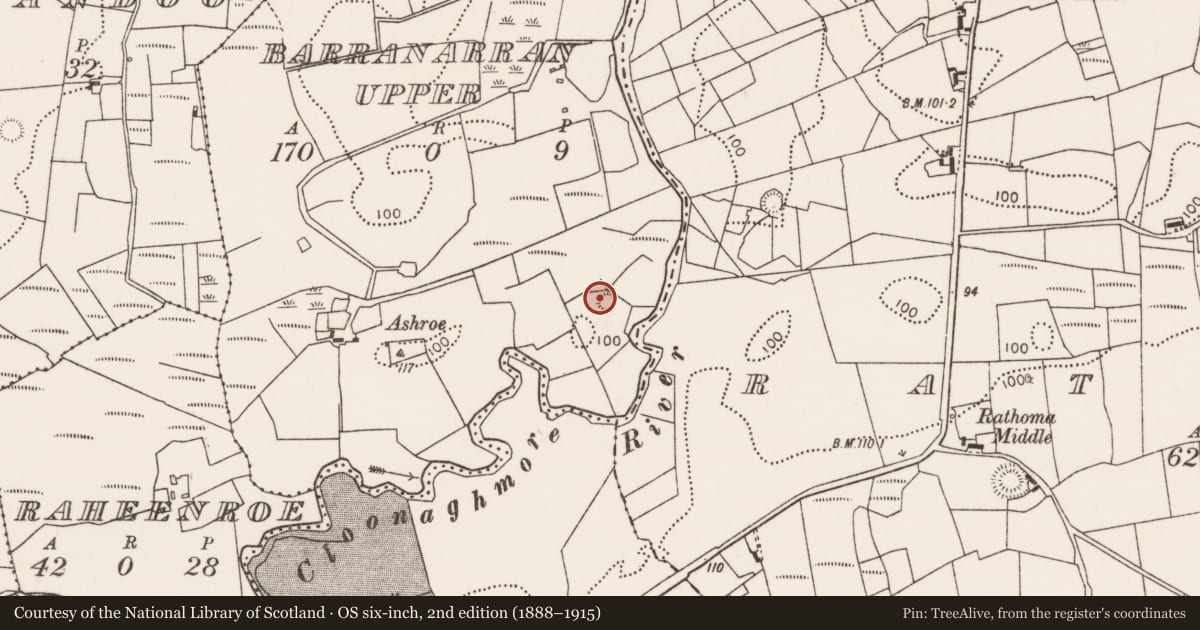 Ordnance Survey six-inch map, 2nd edition (1888–1915) covering the location of Ringfort - rath, Barranarran Upper, County Mayo, with a pin at the register's coordinates