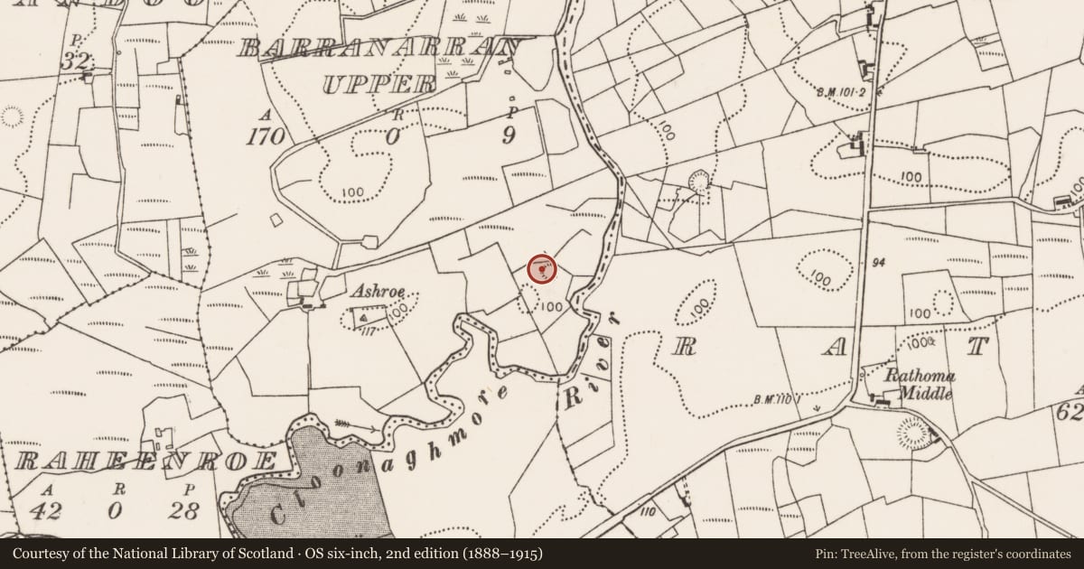 Ordnance Survey six-inch map, 2nd edition (1888–1915) covering the location of House - indeterminate date, Barranarran Upper, County Mayo, with a pin at the register's coordinates