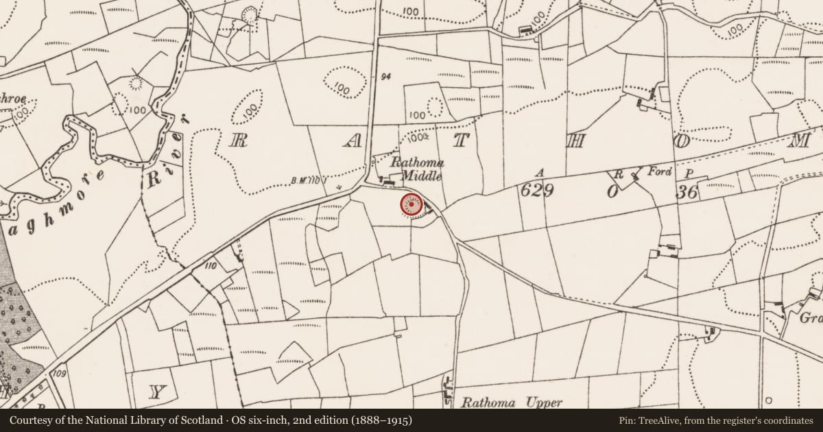 Ordnance Survey six-inch map, 2nd edition (1888–1915) covering the location of Ringfort - rath, Rathoma, County Mayo, with a pin at the register's coordinates