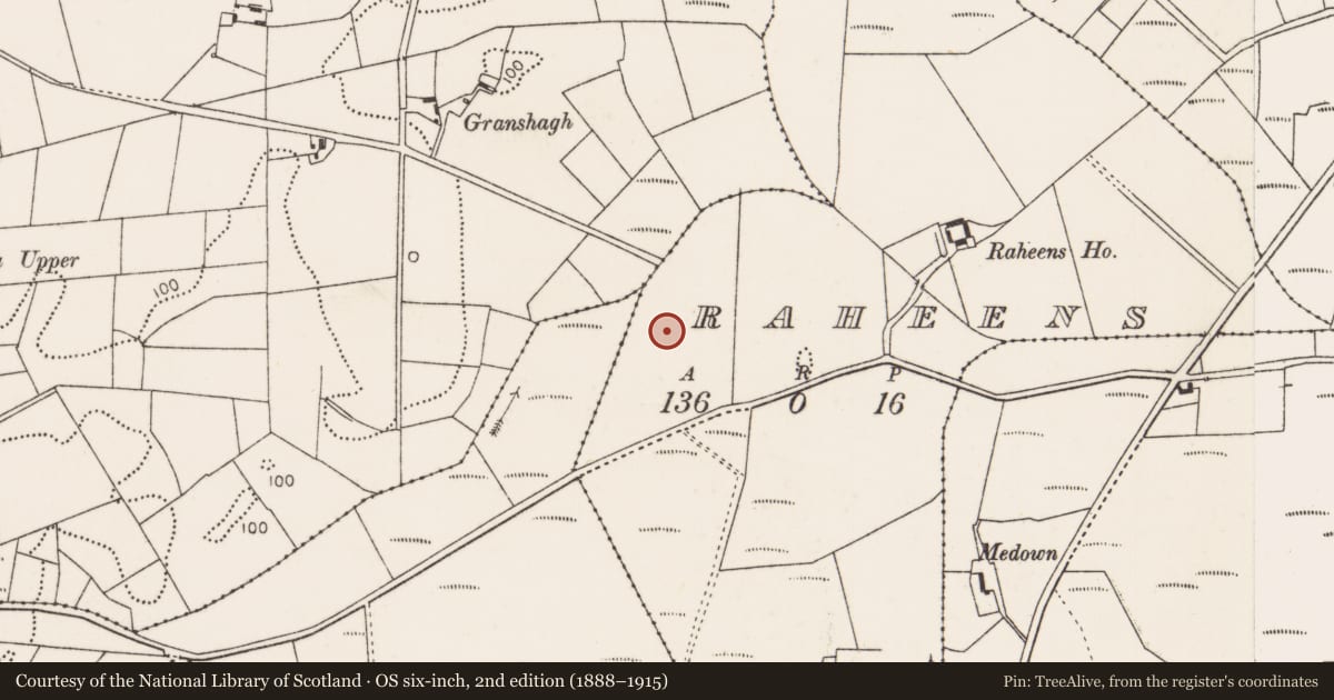 Ordnance Survey six-inch map, 2nd edition (1888–1915) covering the location of Enclosure, Raheens, County Mayo, with a pin at the register's coordinates