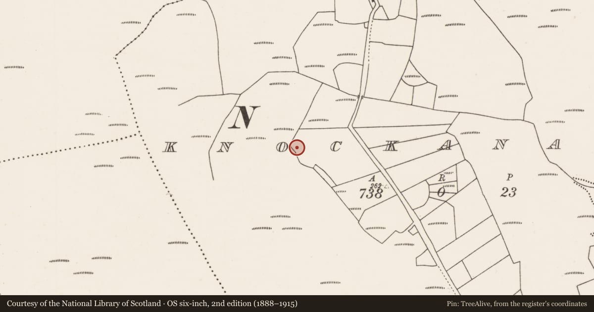 Ordnance Survey six-inch map, 2nd edition (1888–1915) covering the location of Megalithic tomb - unclassified, Knockananny, County Mayo, with a pin at the register's coordinates